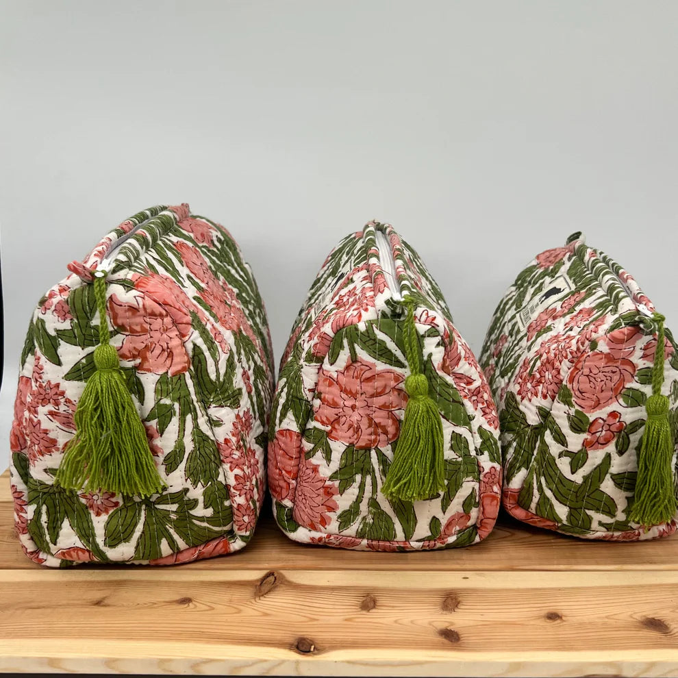 Blockprint Makeup Bag - Pink & Green Floral