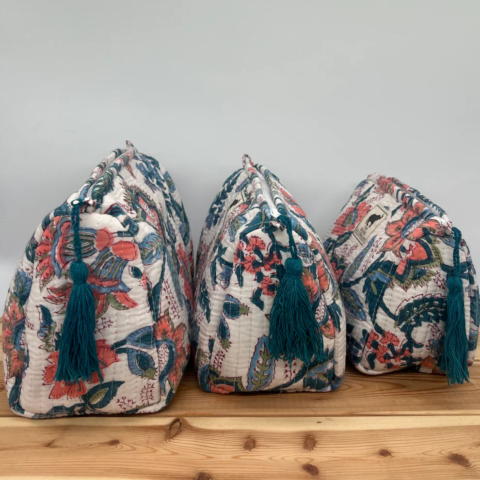 Blockprint Makeup Bag - White & Blue Floral