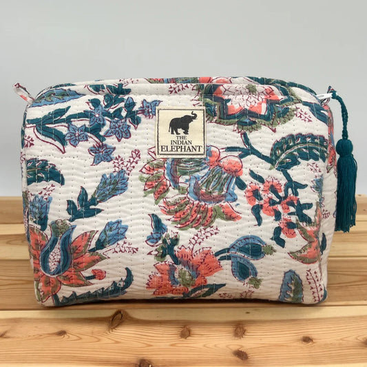 Blockprint Makeup Bag - White & Blue Floral
