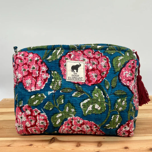 Blockprint Makeup Bag - Navy & Pink Floral