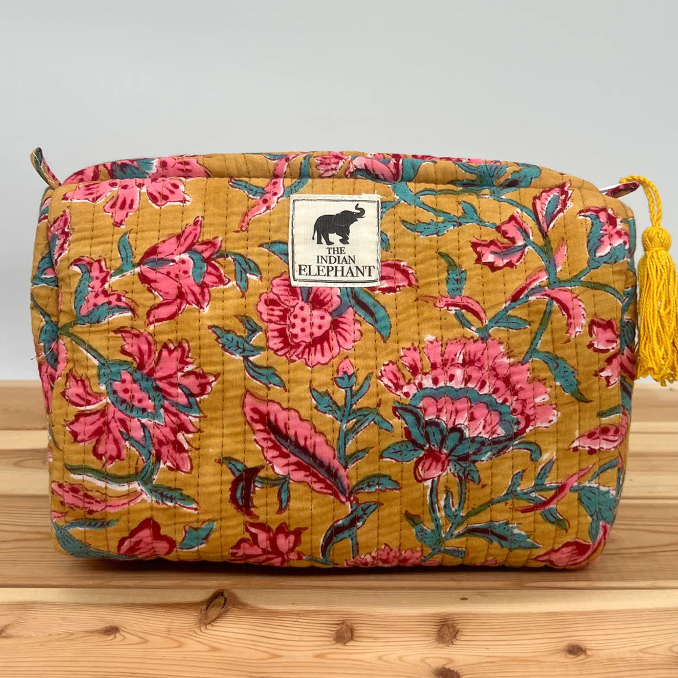Blockprint Makeup Bag - Ochre & Pink