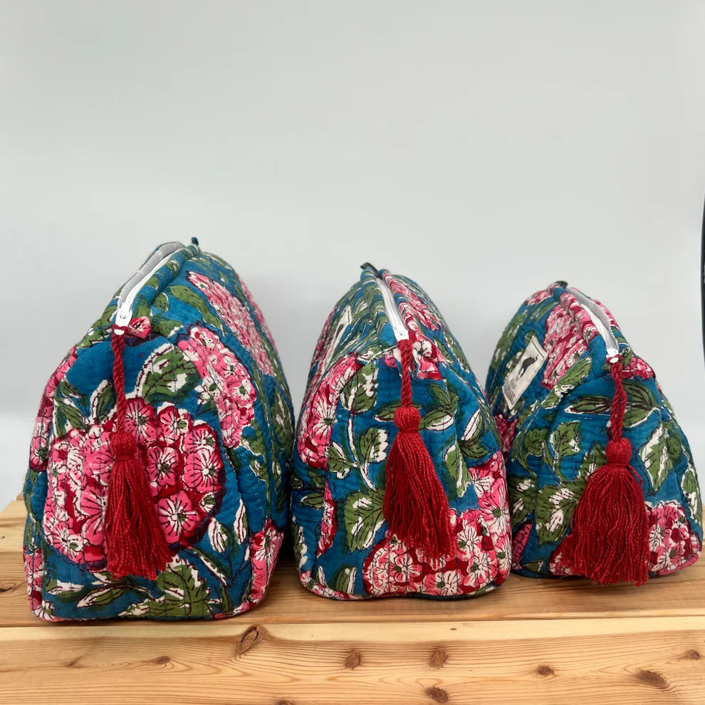Blockprint Makeup Bag - Navy & Pink Floral