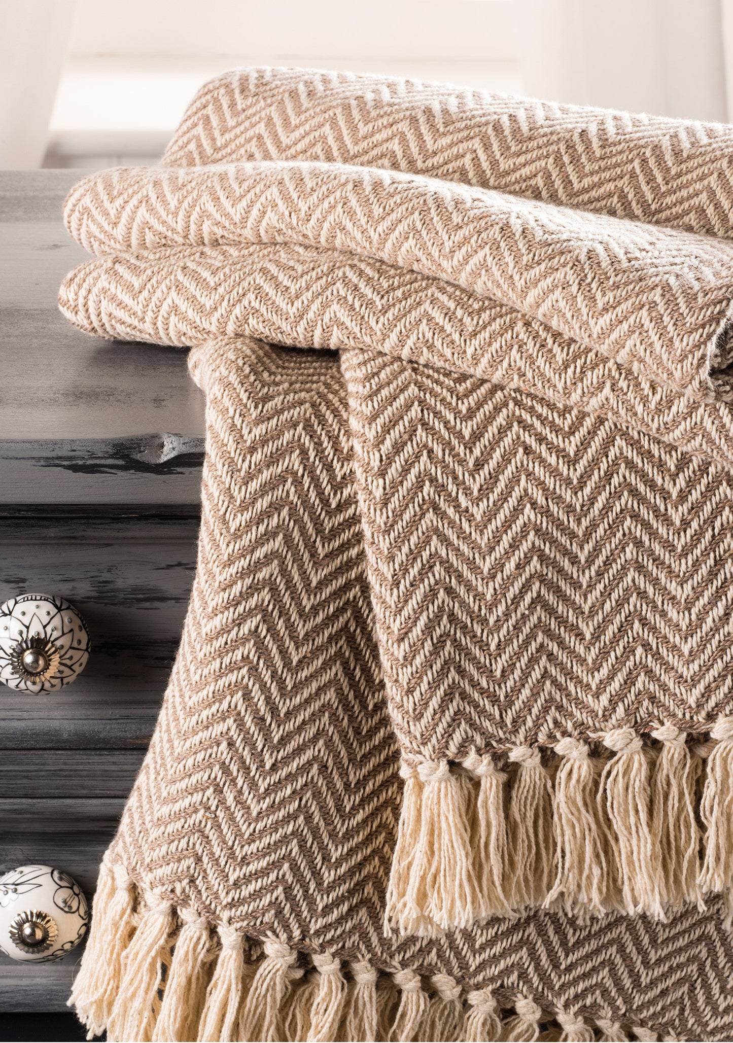 Chevron Soft Recycled Cotton Handloom Throw - Cream