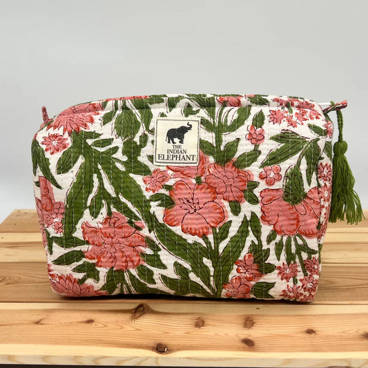 Blockprint Makeup Bag - Pink & Green Floral
