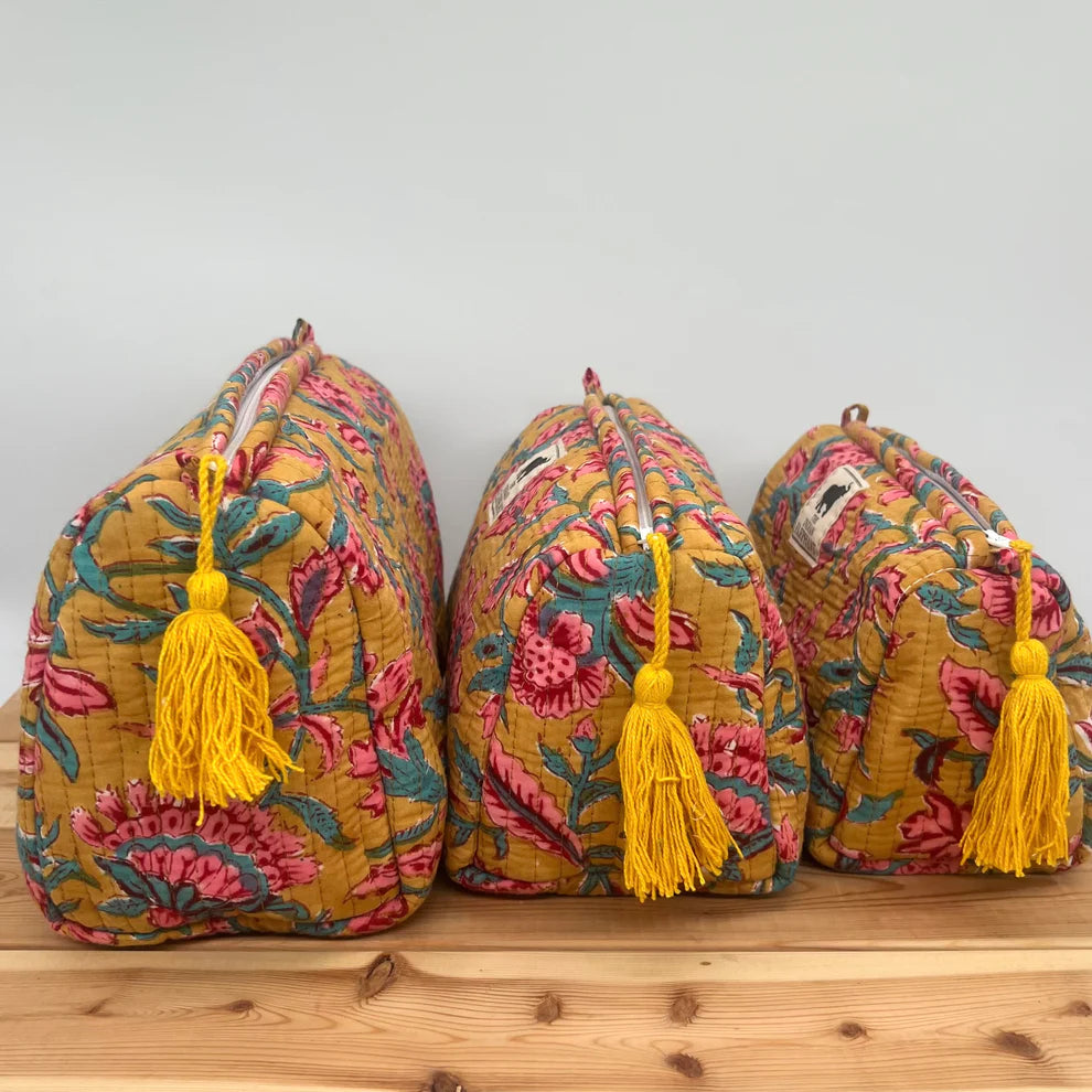 Blockprint Makeup Bag - Ochre & Pink